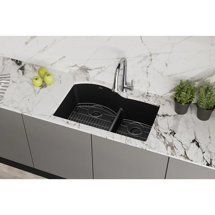 Kitchen Sink Quartz Classic 33 x 22 Inch Double Bowl Offset 60/40 Kit with Faucet & Aqua Divide Black Undermount - Frankwebs