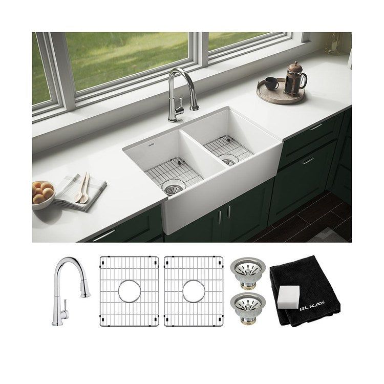 Kitchen Sink Fireclay 33 x 20 Inch Double Bowl Equal Kit Apron Front with Faucet ADA White Farmhouse Rectangle Drain Location Center Depth 10-1/8 Inch - Frankwebs