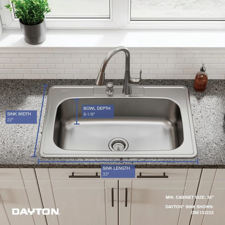 Kitchen Sink Dayton 33 x 22 Inch Single Bowl Equal 2 Hole Elite Satin Drop-In Drain Location Center 8 Inch Bottom Only Pads - Frankwebs