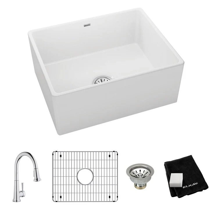 Kitchen Sink Fireclay 24.5 x 20 Inch Single Bowl Kit Apron Front with Faucet ADA White Farmhouse Rectangle Drain Location Center Depth 10-1/8 Inch - Frankwebs