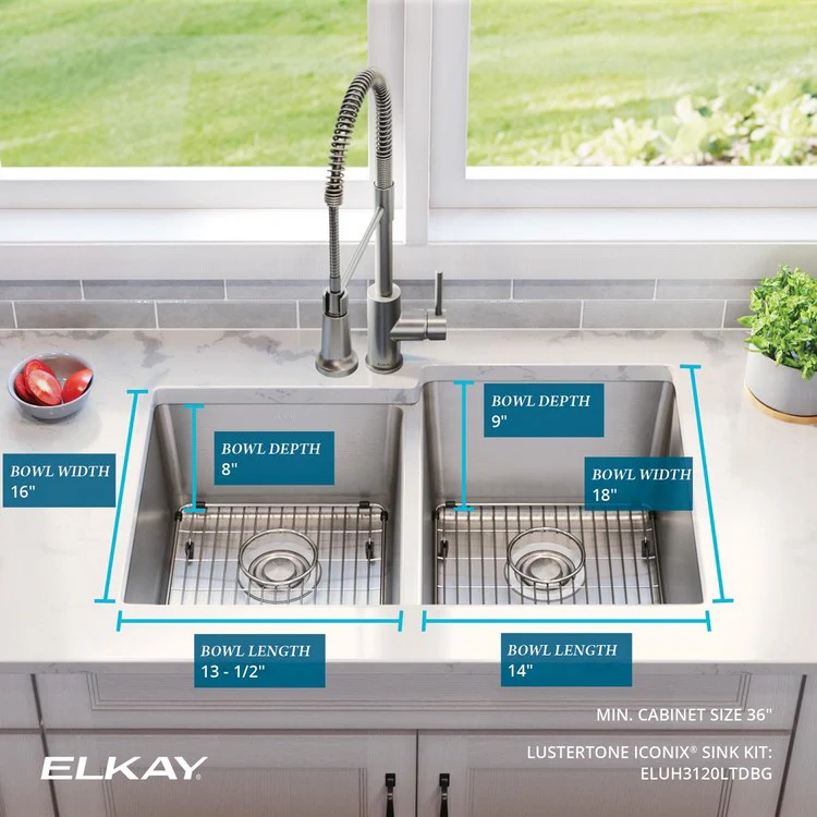 Sink Kit Lustertone Iconix Left Small Bowl 31.25 x 20.5 Inch Double Bowl Luminous Satin One EBG1216 Bottom Grid One EBG1214 Bottom Grid Two LKDD Drain and Strainers - Frankwebs