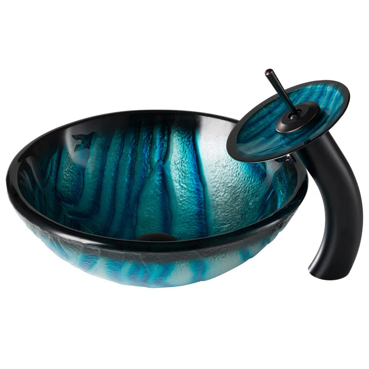 Nature Series Blue Glass Bathroom Vessel Sink and Waterfall Faucet Combo Set with Disk and Pop-Up Drain - Frankwebs