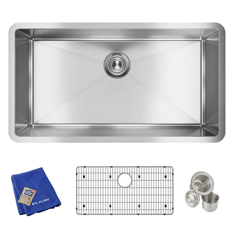 Sink Kit Crosstown 32.5 x 18 Inch Single Bowl Polished Satin Bottom Grid Deep Strainer Drain Cleanser Towel - Frankwebs