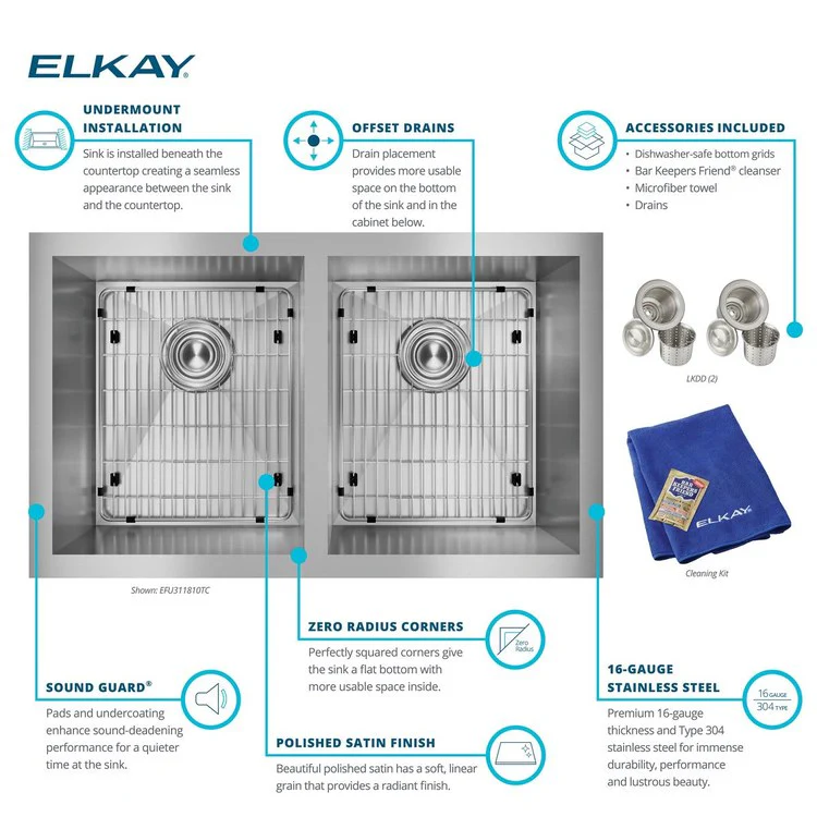 Sink Kit Crosstown Equal 30.75 x 18.5 Inch Double Bowl Polished Satin Two Bottom Grids Two Strainer Drain Cleanser Towel Cloth Bag - Frankwebs
