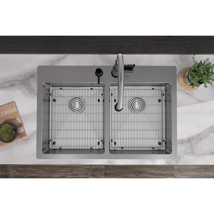 Kitchen Sink Crosstown 33 x 22 Inch Double Bowl Equal Kit 2 Hole ADA Polished Satin Drop-In Undermount Rectangle Drain Location Rear Center Depth 6 Inch Sound Guard Slim Rim - Frankwebs