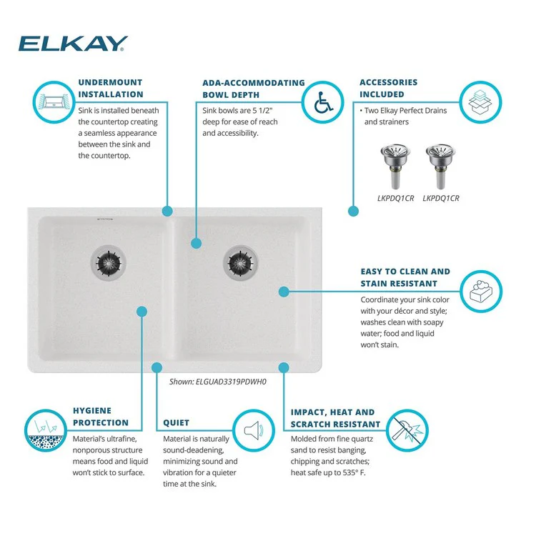 Kitchen Sink Quartz Classic 33 x 18.5 Inch Double Bowl Perfect Drain ADA White Undermount Rectangle Drain Location Rear Center Depth 5-1/2 Inch Naturally Sound Deadening Superior Heat Scratch Fade and Stain Resistance - Frankwebs