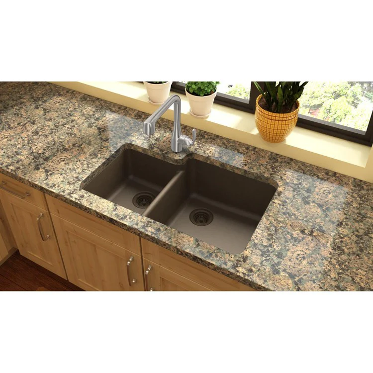 Kitchen Sink Quartz Classic 33 x 20.5 Inch Double Bowl Offset Mocha Undermount 9 Inch - Frankwebs