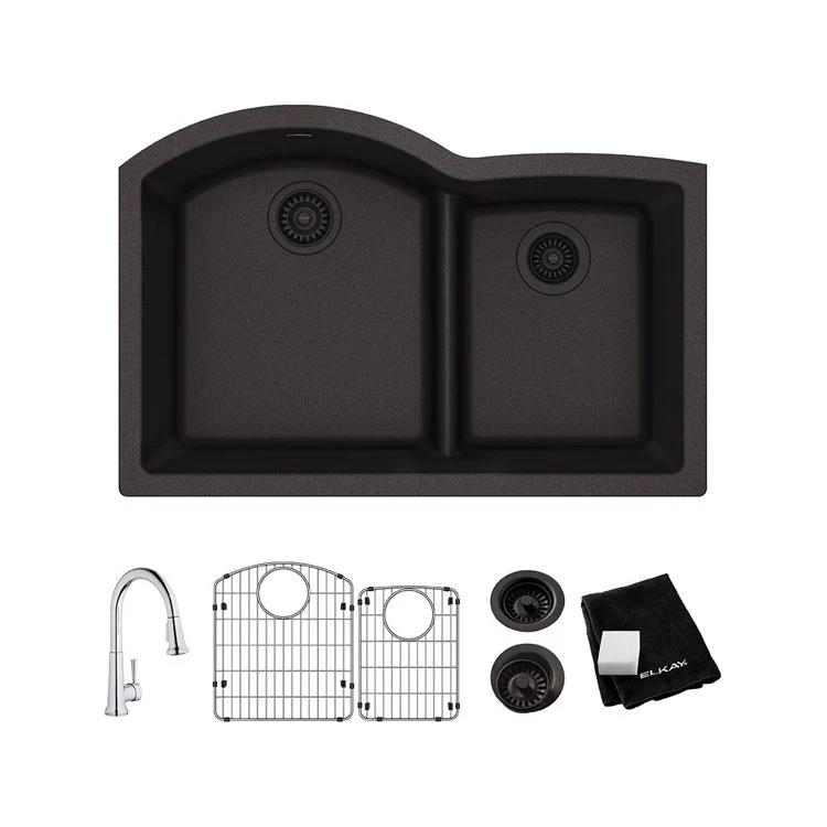 Kitchen Sink Quartz Classic 33 x 22 Inch Double Bowl Offset 60/40 Kit with Faucet & Aqua Divide Black Undermount - Frankwebs