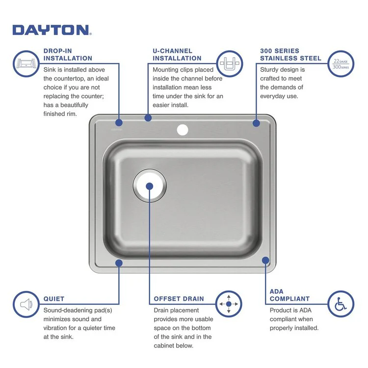 Kitchen Sink Dayton 25 x 21.25 Inch Single Bowl 1 Hole ADA Satin Drop-In Rectangle Drain Location Rear Left Depth 5-3/8 Inch Bottom Only Pads - Frankwebs