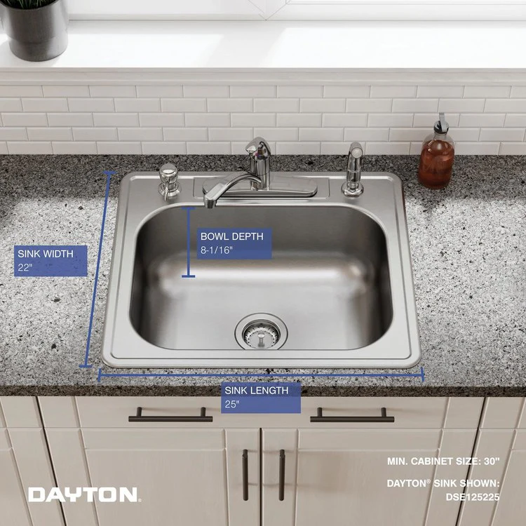 Kitchen Sink Dayton 25 x 22 Inch Single Bowl 5 Hole Elite Satin Drop-In Drain Location Center Bottom Only Pads - Frankwebs