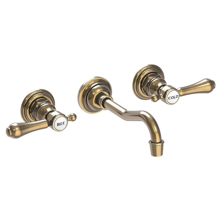 Lavatory Faucet Chesterfield Wall Mount Hot Cold Indicators 8 Inch Spread 2 Lever ADA WaterSense Aged Brass 1.2 Gallons Per Minute Brass Less Drain Spout Reach 7-1/4 Inch - Frankwebs