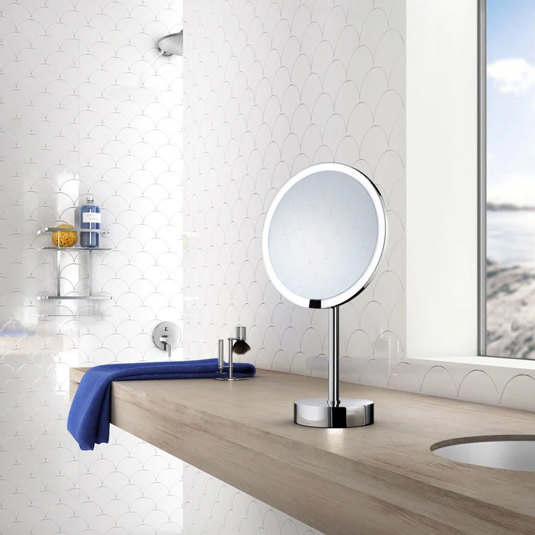 Shaving/Make Up Mirror Freestanding with LED Light Polished Chrome Round Framed 215 Millimeter - Frankwebs