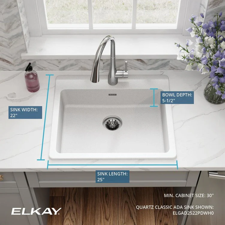 Kitchen Sink Quartz Classic 25 x 22 Inch Single Bowl ADA White Drop-In Rectangle Drain Location Rear Center Depth 5-1/2 Inch Naturally Sound Deadening Superior Heat Scratch Fade and Stain Resistance - Frankwebs