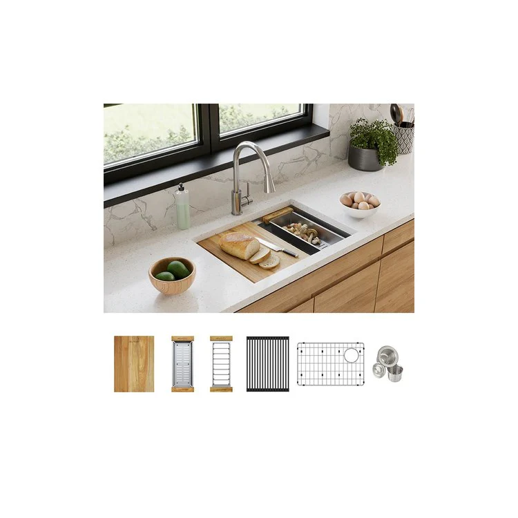 Sink Kit Crosstown Workstation 25.5 x 18.5 Inch Single Bowl Polished Satin Bottom Grid Colander Cutting Board Two Drying Racks Drain Premium 16-Gauge Thickness and Type 304 Stainless Steel for Immense Durability and Performance - Frankwebs