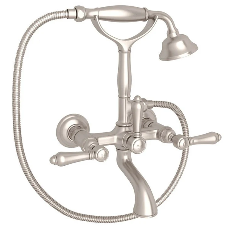 Tub Filler Wall Mount with Handshower 3 Metal Lever Exposed Spout Satin Nickel - Frankwebs