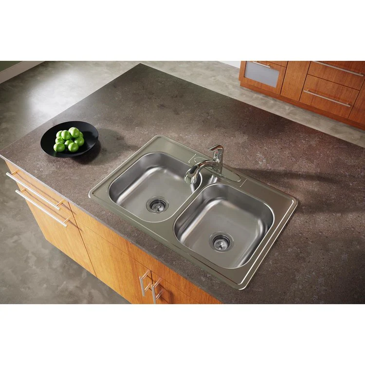 Kitchen Sink Dayton 33 x 22 Inch Double Bowl Equal 2 Hole ADA Satin Top Mount Rectangle Drain Location Center Depth 6-4/7 Inch Bottom Only Pads - Frankwebs