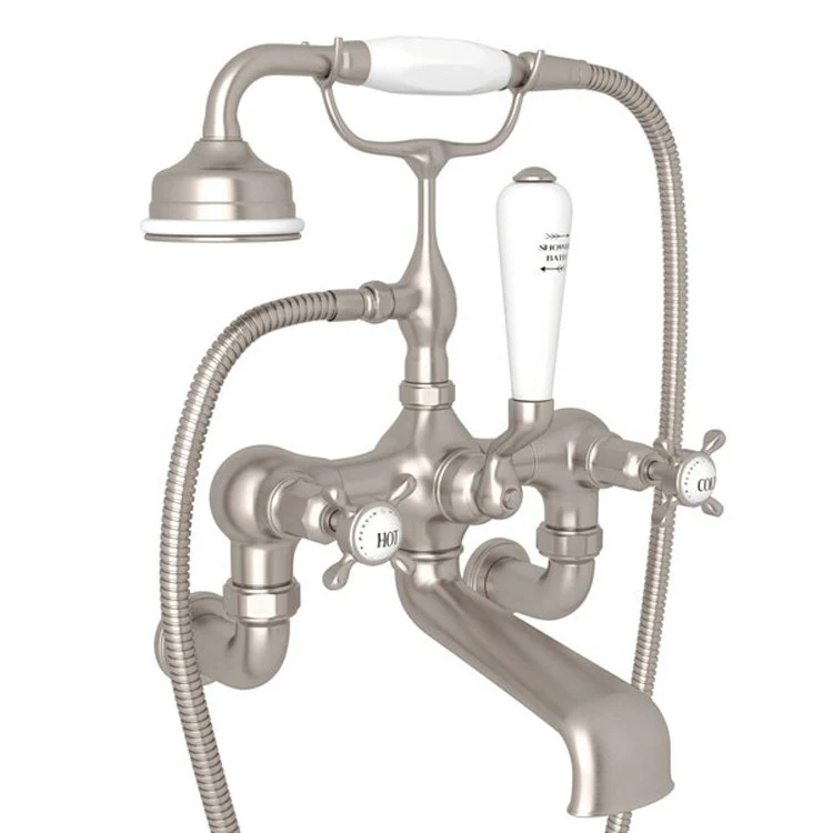 Tub Filler Edwardian Exposed Wall Mount with Handshower 7-7/8 Inch Spread 3 Cross/Lever Fixed Spout Polished Chrome - Frankwebs