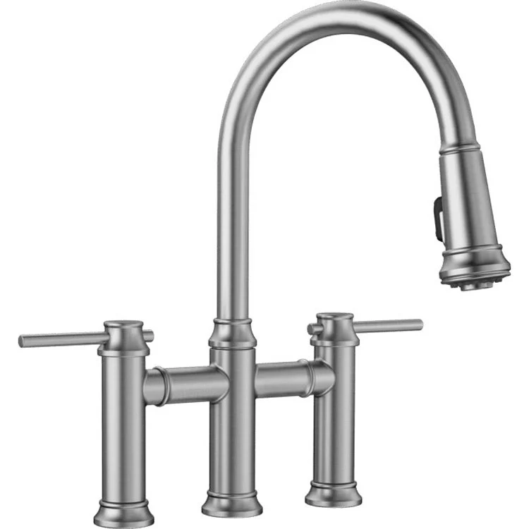 Empressa Two Handle Bridge Kitchen Faucet with Pull Down Sprayer - Stainless Steel - Frankwebs