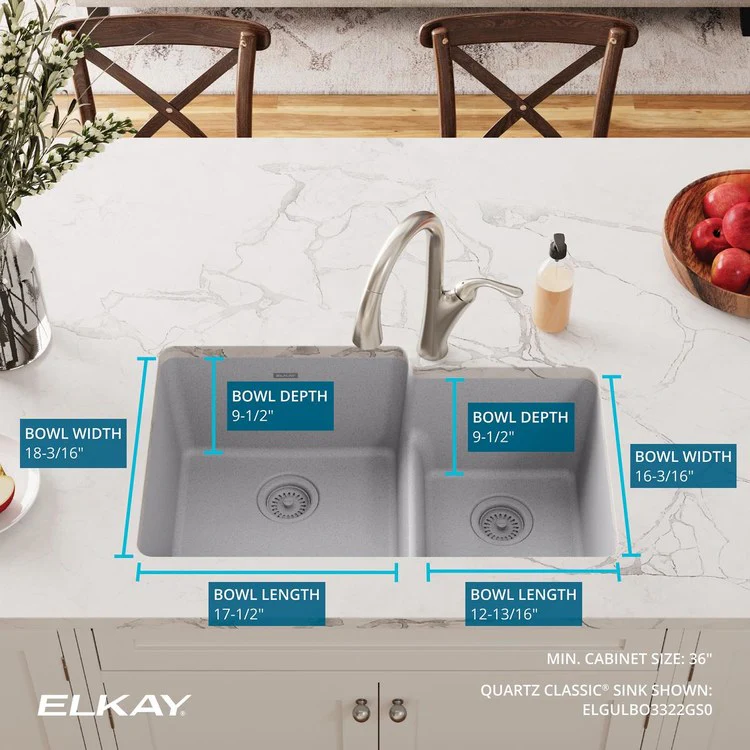 Kitchen Sink Quartz Classic 33 x 20.5 Inch Double Bowl Offset 60/40 with Aqua Divide Greystone Undermount - Frankwebs