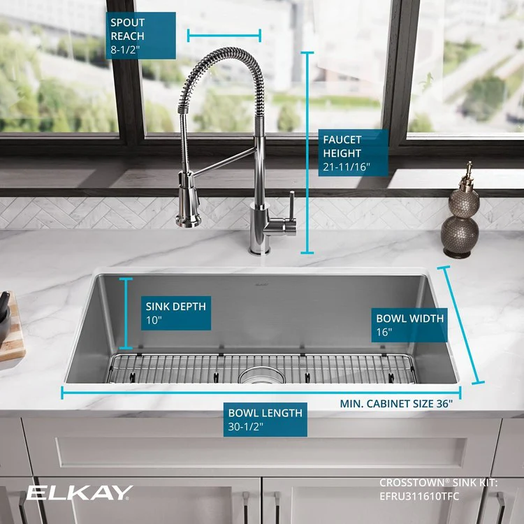 Kitchen Sink Crosstown 32.5 x 18 Inch Single Bowl Kit with Faucet 1 Hole Polished Satin Undermount - Frankwebs