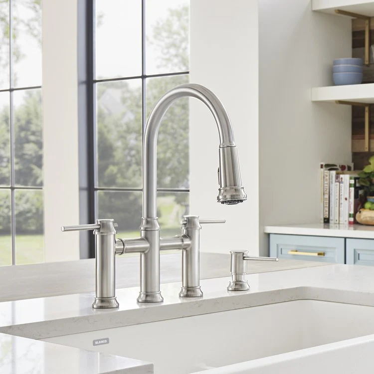 Empressa Two Handle Bridge Kitchen Faucet with Pull Down Sprayer - Stainless Steel - Frankwebs