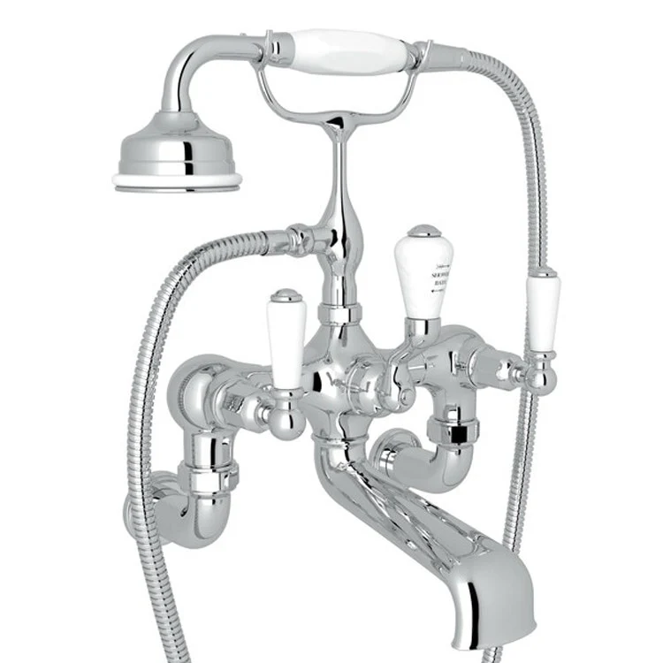 Tub Filler Edwardian Exposed Wall Mount with Handshower 7-7/8 Inch Spread 3 Lever Fixed Spout Polished Chrome - Frankwebs