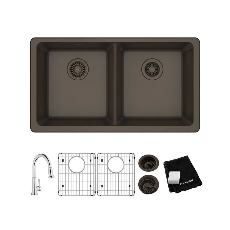 Kitchen Sink Quartz Classic 33 x 18.5 Inch Double Bowl Equal Kit with Faucet Mocha Undermount - Frankwebs