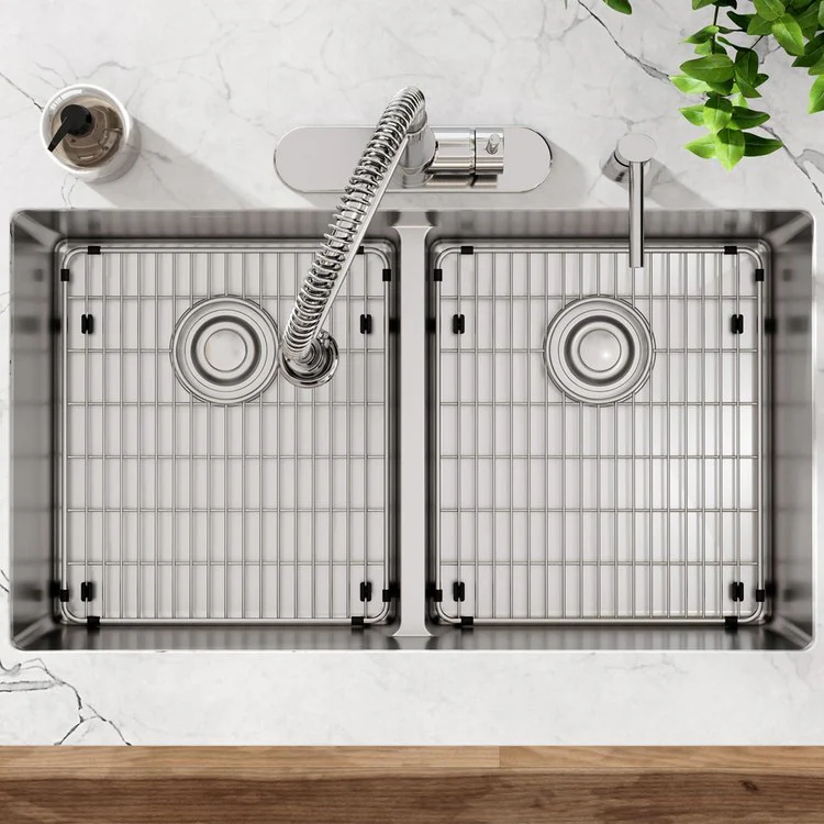 Kitchen Sink Crosstown 33 x 22 Inch Double Bowl Equal Kit with Aqua Divide 4 Hole Polished Satin Drop-In Undermount - Frankwebs