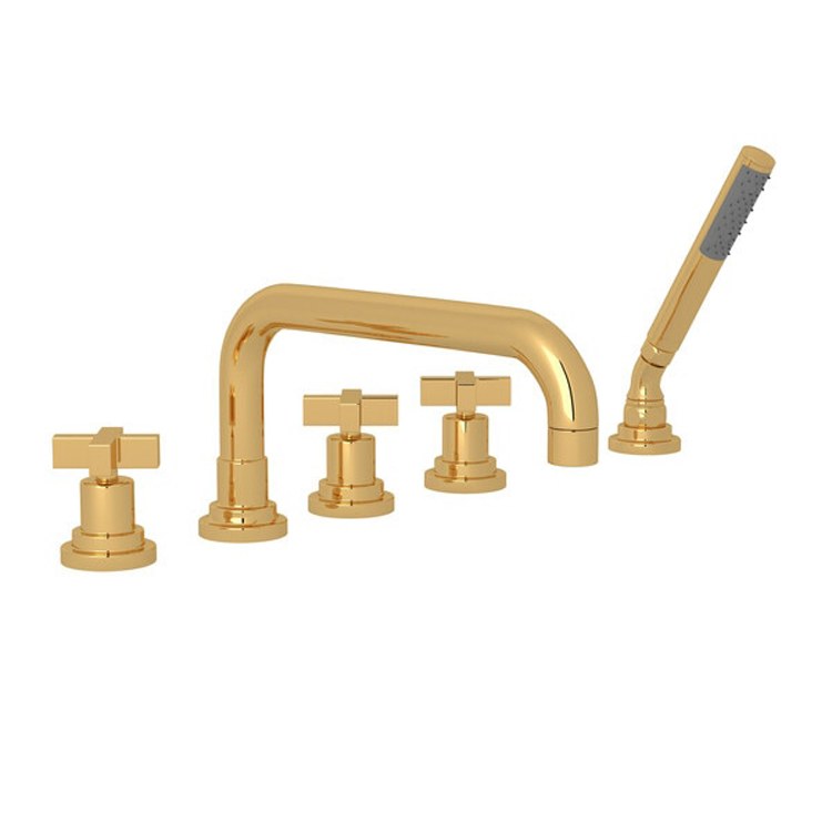 Tub Filler Lombardia Deck Mount with Handshower 3 Cross U-Spout Unlacquered Brass - Frankwebs