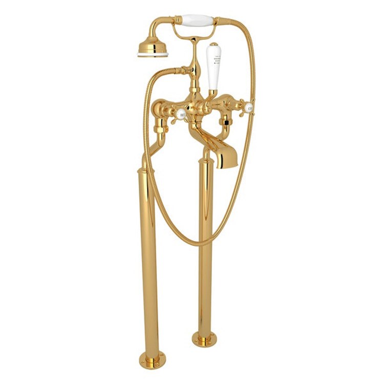 Tub Filler Edwardian Exposed Floor Mount with Handshower 7-7/8 Inch Spread 3 Cross/Lever Polished Nickel - Frankwebs