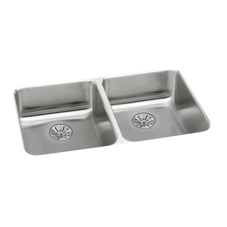 Kitchen Sink Lustertone Classic 31.75 x 16.5 Inch Double Bowl Equal with Perfect Drain ADA Lustertone Undermount Rectangle Drain Location Rear Center Depth 5-3/8 Inch Full Spray Sides and Bottom with Bottom Only Pads - Frankwebs
