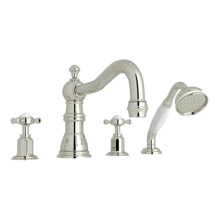 Tub Filler Edwardian Deck Mount with Handshower 2 Cross Column Spout Polished Nickel - Frankwebs
