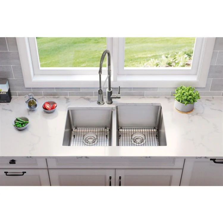 Sink Kit Lustertone Iconix Left Small Bowl 31.25 x 20.5 Inch Double Bowl Luminous Satin One EBG1216 Bottom Grid One EBG1214 Bottom Grid Two LKDD Drain and Strainers - Frankwebs