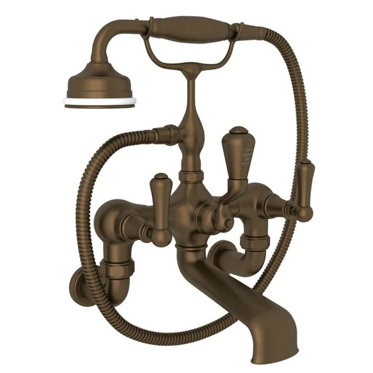 Tub Filler Georgian Era Exposed Wall Mount with Handshower 8 Inch Spread 3 Lever Fixed Spout English Gold - Frankwebs
