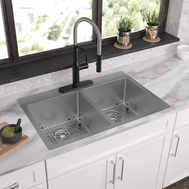 Kitchen Sink Crosstown 33 x 22 Inch Double Bowl Equal Kit 3 Hole Polished Satin Drop-In Undermount - Frankwebs