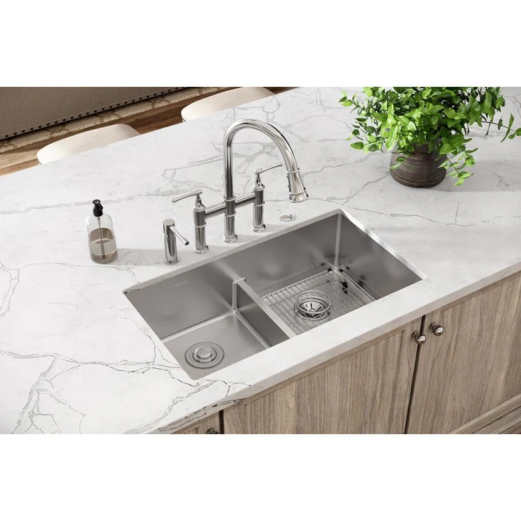 Kitchen Sink Crosstown 33 x 22 Inch Double Bowl Equal Kit with Aqua Divide 5 Hole Polished Satin Drop-In Undermount - Frankwebs