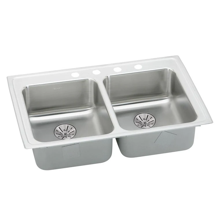 Kitchen Sink Lustertone Classic 33 x 19.5 Inch Double Bowl with Perfect Drain ADA Lustrous Satin Drop-In Rectangle Drain Location Rear Center Depth 6-1/2 Inch Quick Clip Mounting System Bottom Only Pads - Frankwebs
