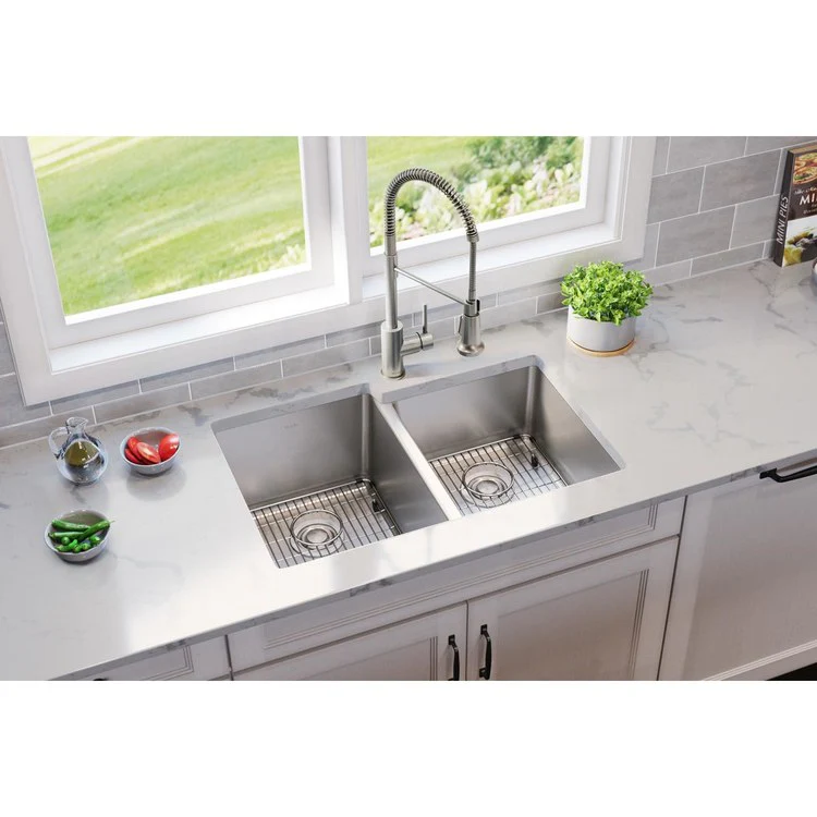 Sink Kit Lustertone Iconix Right Small Bowl 31.25 x 20.5 Inch Double Bowl Luminous Satin One EBG1216 Bottom Grid One EBG1214 Bottom Grid Two LKDD Drain and Strainers - Frankwebs