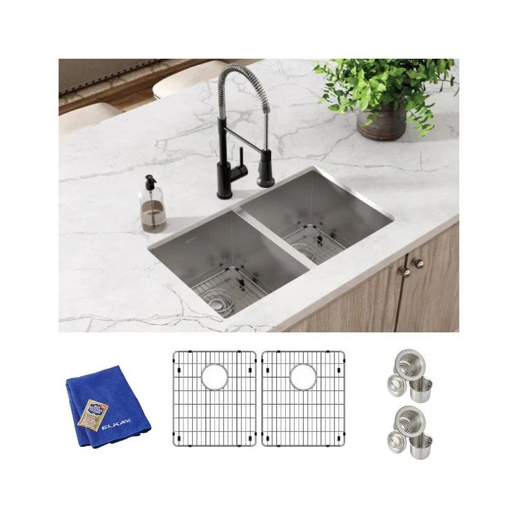 Sink Kit Crosstown Equal 30.75 x 18.5 Inch Double Bowl Polished Satin Two Bottom Grids Two Strainer Drains Cleanser Towel Cloth Bag - Frankwebs