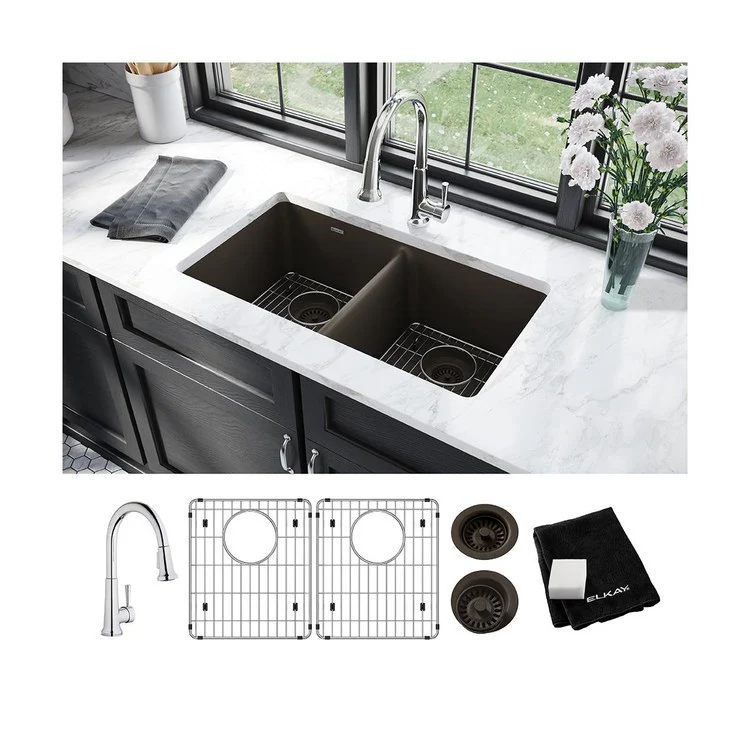 Kitchen Sink Quartz Classic 33 x 18.5 Inch Double Bowl Equal Kit with Faucet Mocha Undermount - Frankwebs