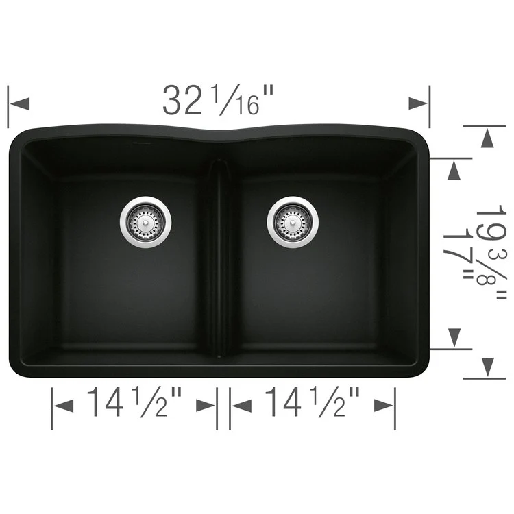 Kitchen Sink Diamond 32 x 19 Inch Double Bowl Equal Double Low Divide Coal Black Undermount - Frankwebs