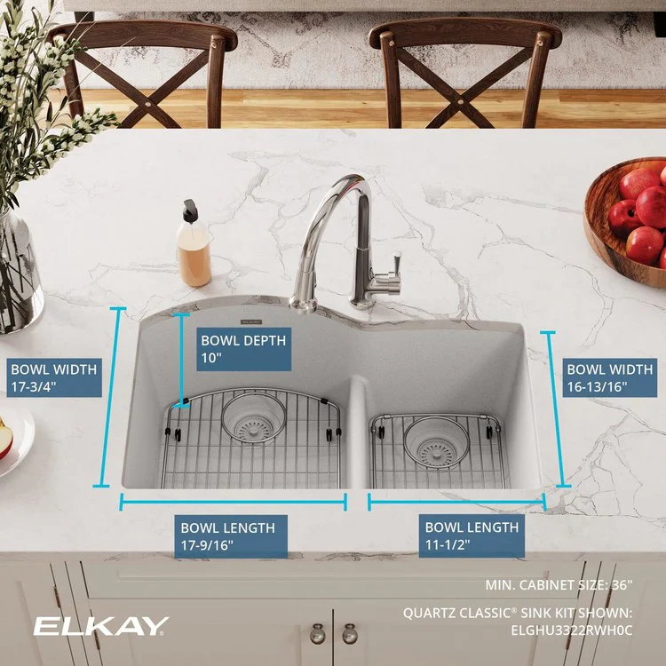 Kitchen Sink Quartz Classic 33 x 22 Inch Double Bowl Offset 60/40; Aqua Divide; Sink Kit White Undermount - Frankwebs