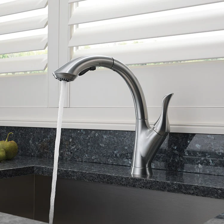 Linden Single Handle High Arc Pull Out Kitchen Faucet with Multi-Flow Technology - Frankwebs