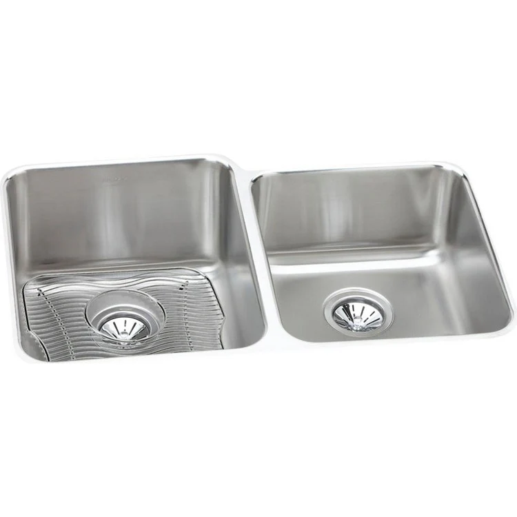 Sink Kit Lustertone Classic Offset 31.25 x 20.5 Inch Double Bowl Lustrous Satin Bottom Grid and Drain - Frankwebs