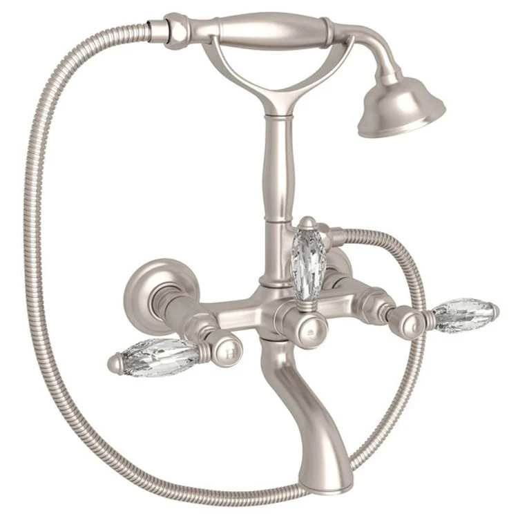 Tub Filler Wall Mount with Handshower 3 Crystal Lever Exposed Spout Satin Nickel - Frankwebs