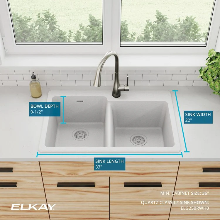 Kitchen Sink Quartz Classic 33 x 22 Inch Double Bowl Offset White Drop-In - Frankwebs