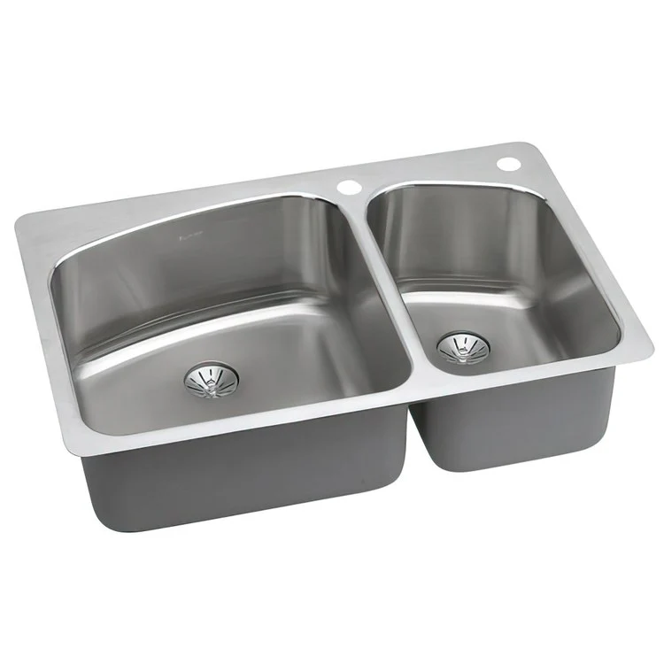 Kitchen Sink Lustertone Classic 33 x 22 Inch Double Bowl 60/40 with Perfect Drain 1 Hole Lustrous Satin Drop-In Stainless Steel Undermount Rear Drain Location Center Sides and Bottom Pads - Frankwebs
