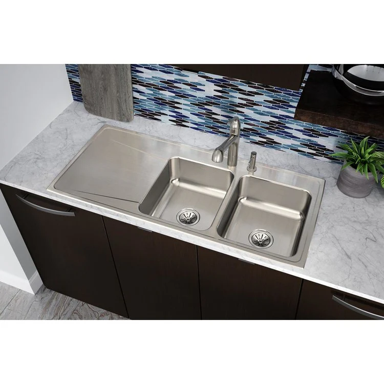 Kitchen Sink Lustertone Classic 48 x 22 Inch Double Bowl Equal with Left Drainboard 2 Hole Lustrous Satin Drop-In - Frankwebs