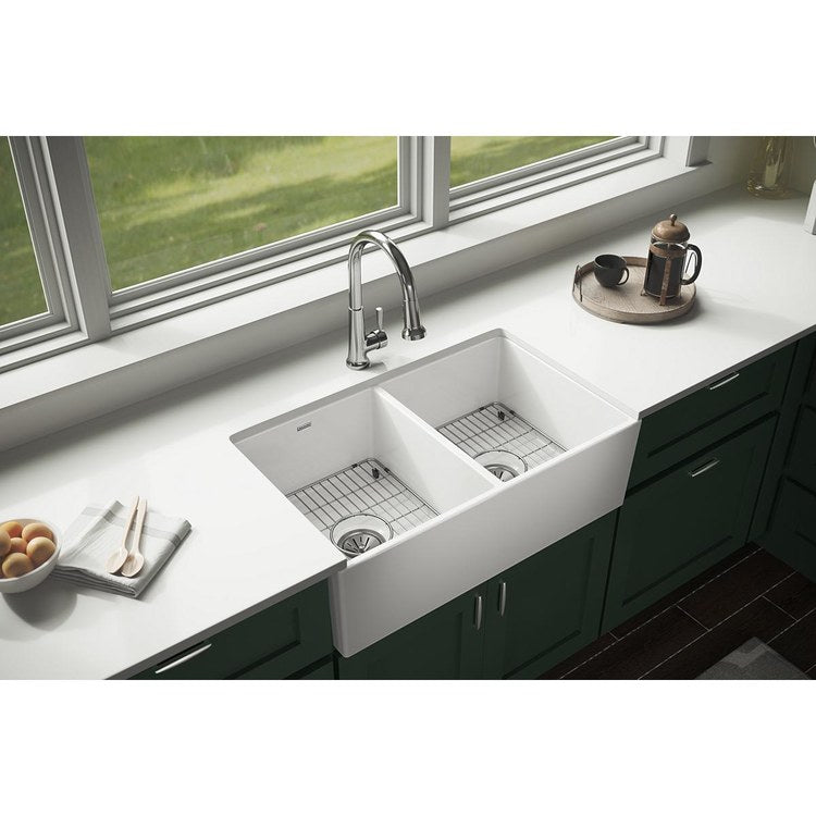 Kitchen Sink Fireclay 33 x 20 Inch Double Bowl Equal Kit Apron Front with Faucet ADA White Farmhouse Rectangle Drain Location Center Depth 10-1/8 Inch - Frankwebs