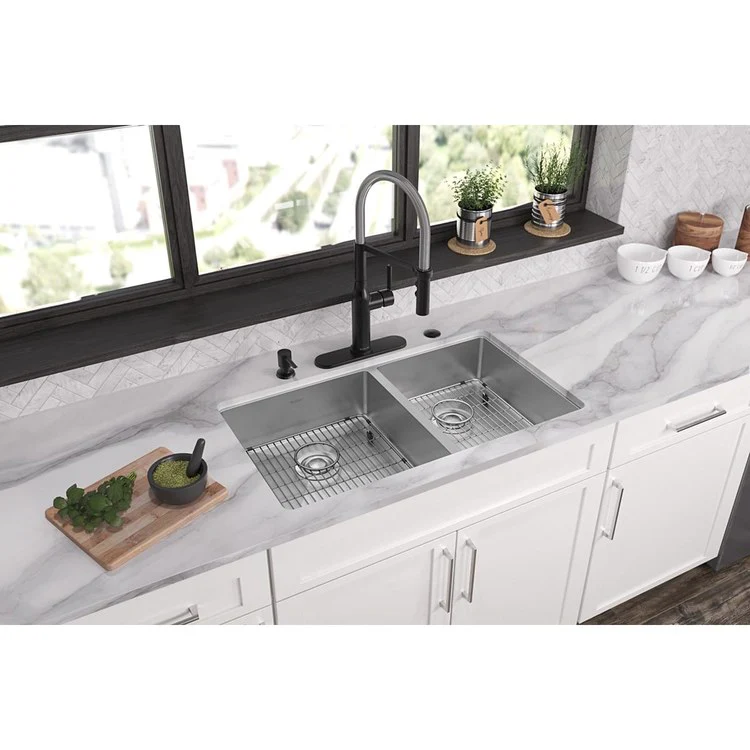 Kitchen Sink Crosstown 33 x 22 Inch Double Bowl 60/40 Kit 5 Hole Polished Satin Drop-In Undermount - Frankwebs
